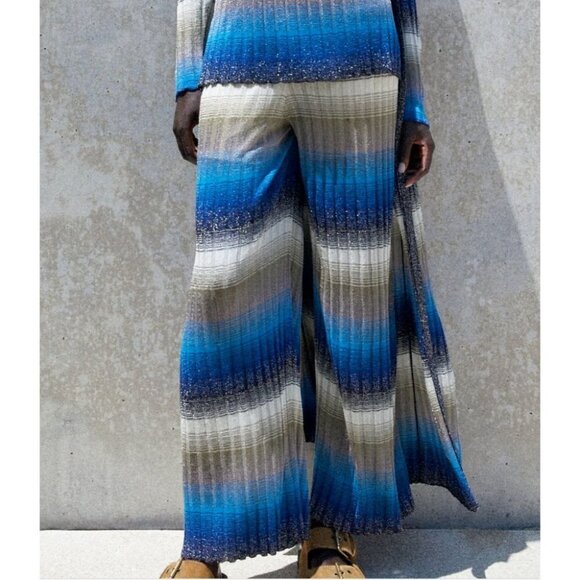 NWT  Zara Metallic Thread Knit Multi Blue Lightweight Wide Leg Summer Pants L - Picture 9 of 11